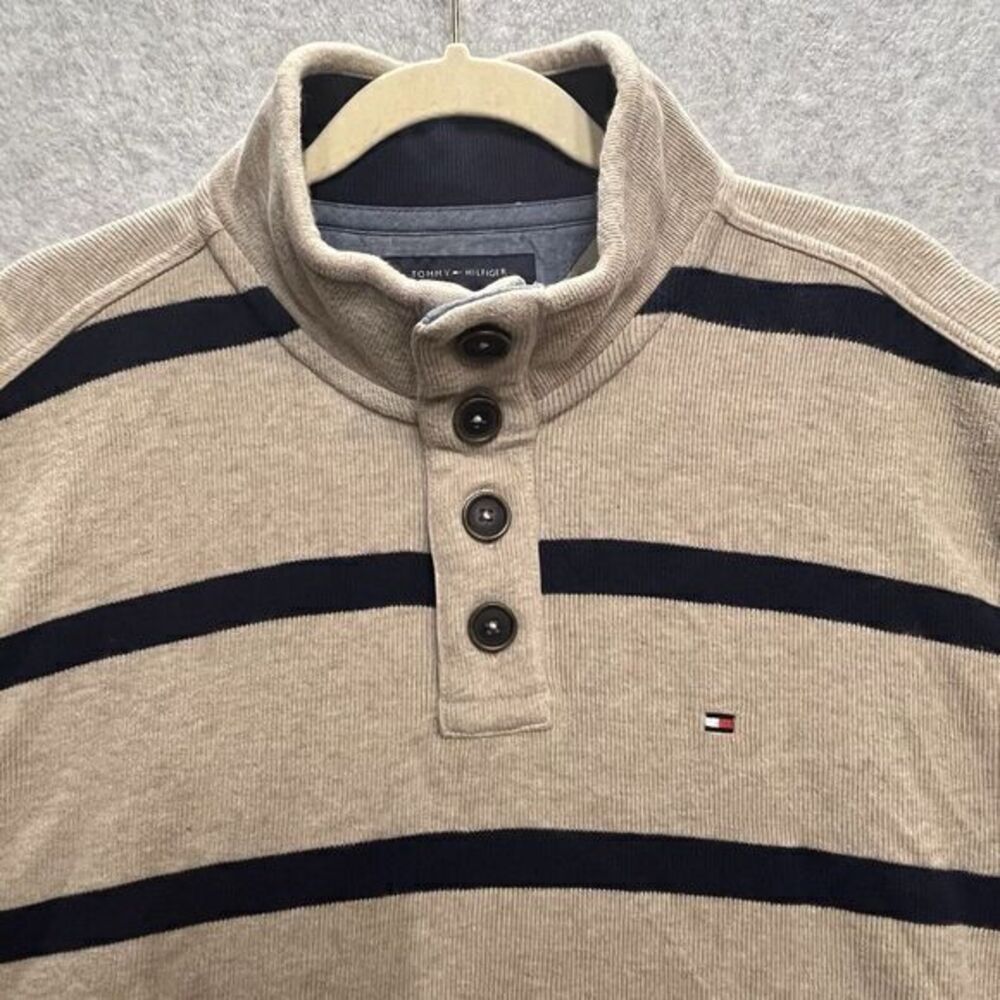 90's Tommy Hilfiger Striped Mens  XL Pullover Sweater Blue‎ Beige 1/4 Button Y2K